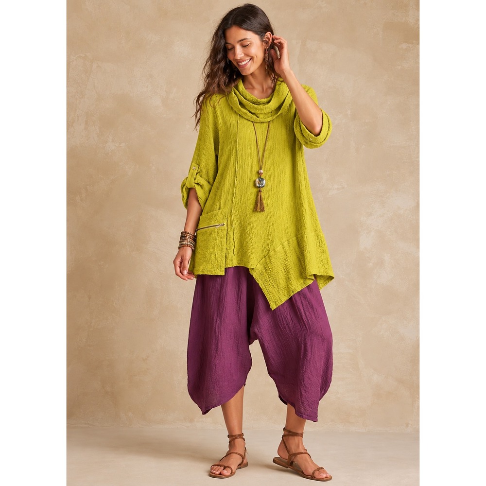 Ali Miles Tunic Blouse Top Shirt Sz L Yellow Cowl Neck Roll Tab Sleeve Lagenlook
